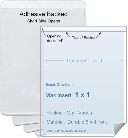 ChanCam vinyl sleeve, open short side, adhesive back, insert size: 1 x 1, product size: 1 1/4 x 1 1/4, package quantity 100, 4 mil adhesive back / 6 mil clear vinyl front