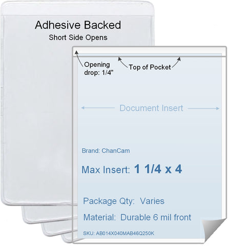 ChanCam vinyl sleeve, open short side, adhesive back, insert size: 1 1/4 x 4, product size: 1 1/2 x 4 1/4, package quantity 100, 4 mil adhesive back / 6 mil clear vinyl front