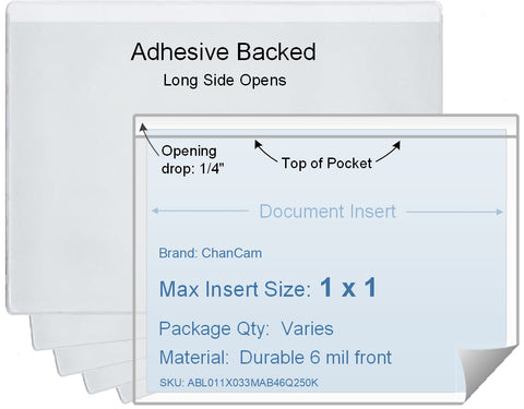 ChanCam vinyl sleeve, open long side, adhesive back, insert size: 1 x 1, product size: 1 1/4 x 1 1/4, package quantity 100, 4 mil adhesive back / 6 mil clear vinyl front