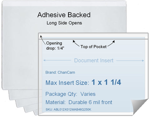 ChanCam vinyl sleeve, open long side, adhesive back, insert size: 1 1/4 x 1, product size: 1 1/2 x 1 1/4, package quantity 100, 4 mil adhesive back / 6 mil clear vinyl front