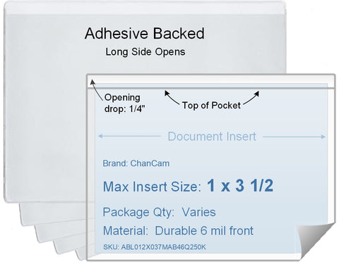 ChanCam vinyl sleeve, open long side, adhesive back, insert size: 3 1/2 x 1, product size: 3 3/4 x 1 1/4, package quantity 100, 4 mil adhesive back / 6 mil clear vinyl front