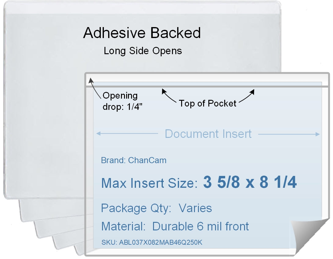 ChanCam vinyl sleeve, open long side, adhesive back, insert size: 8 1/4 x 3 5/8, product size: 8 1/2 x 3 7/8, package quantity 100, 4 mil adhesive back / 6 mil clear vinyl front