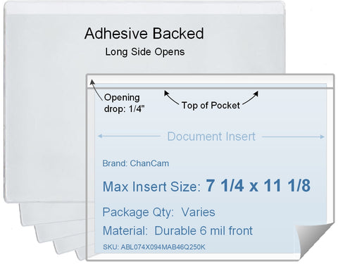 ChanCam vinyl sleeve, open long side, adhesive back, insert size: 11 1/8 x 7 1/4, product size: 11 3/8 x 7 1/2, package quantity 100, 4 mil adhesive back / 6 mil clear vinyl front