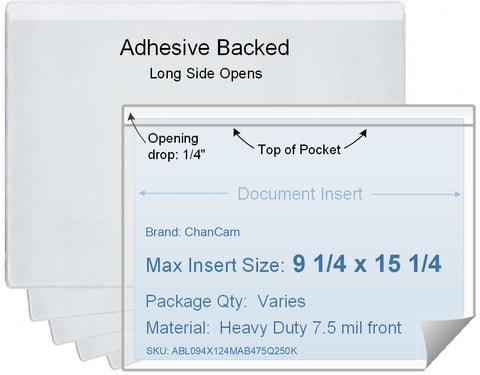 ChanCam vinyl sleeve, open long side, adhesive back, insert size: 15 1/4 x 9 1/4, product size: 15 1/2 x 9 1/2, package quantity 100, 4 mil adhesive back / heavy duty 7.5 mil clear vinyl front