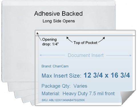 ChanCam vinyl sleeve, open long side, adhesive back, insert size: 16 3/4 x 12 3/4, product size: 17 x 13, package quantity 100, 4 mil adhesive back / heavy duty 7.5 mil clear vinyl front