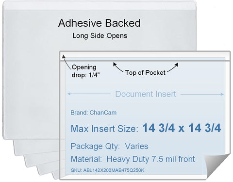 ChanCam vinyl sleeve, open long side, adhesive back, insert size: 14 3/4 x 14 3/4, product size: 15 x 15, package quantity 100, 4 mil adhesive back / heavy duty 7.5 mil clear vinyl front