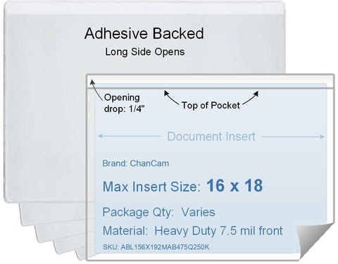 ChanCam vinyl sleeve, open long side, adhesive back, insert size: 18 x 16, product size: 18 1/4 x 16 1/4, package quantity 100, 4 mil adhesive back / heavy duty 7.5 mil clear vinyl front