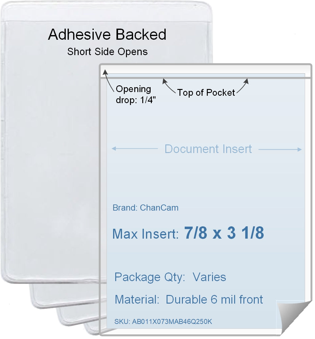 ChanCam vinyl sleeve, open short side, adhesive back, insert size: 7/8 x 3 1/8, product size: 1 1/8 x 3 3/8, package quantity 100, 4 mil adhesive back / 6 mil clear vinyl front