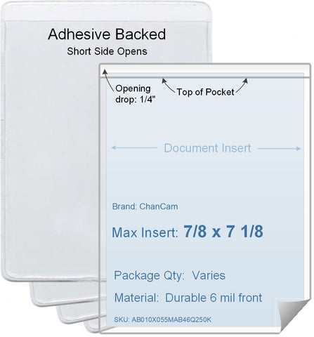 ChanCam vinyl sleeve, open short side, adhesive back, insert size: 7/8 x 7 1/8, product size: 1 1/8 x 7 3/8, package quantity 100, 4 mil adhesive back / 6 mil clear vinyl front