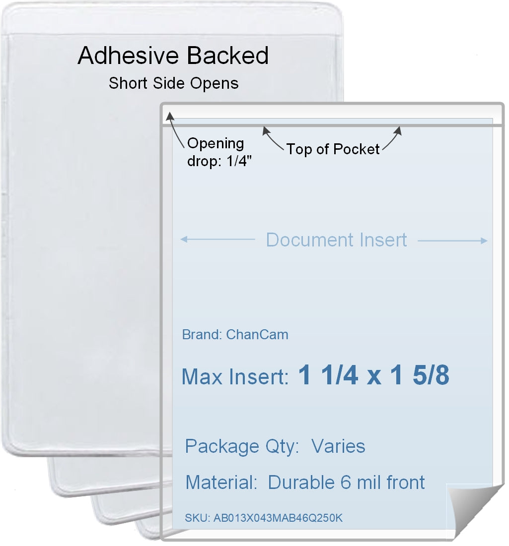 ChanCam vinyl sleeve, open short side, adhesive back, insert size: 1 1/4 x 1 5/8, product size: 1 1/2 x 1 7/8, package quantity 100, 4 mil adhesive back / 6 mil clear vinyl front