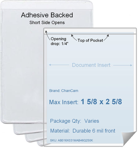 ChanCam vinyl sleeve, open short side, adhesive back, insert size: 1 5/8 x 2 5/8, product size: 1 7/8 x 2 7/8, package quantity 100, 4 mil adhesive back / 6 mil clear vinyl front