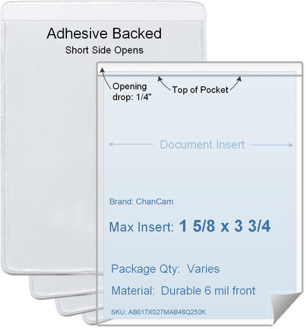 ChanCam vinyl sleeve, open short side, adhesive back, insert size: 1 5/8 x 3 3/4, product size: 1 7/8 x 4, package quantity 100, 4 mil adhesive back / 6 mil clear vinyl front