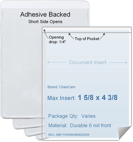 ChanCam vinyl sleeve, open short side, adhesive back, insert size: 1 5/8 x 4 3/8, product size: 1 7/8 x 4 5/8, package quantity 100, 4 mil adhesive back / 6 mil clear vinyl front