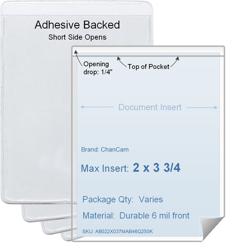 ChanCam vinyl sleeve, open short side, adhesive back, insert size: 2 x 3 3/4, product size: 2 1/4 x 4, package quantity 100, 4 mil adhesive back / 6 mil clear vinyl front