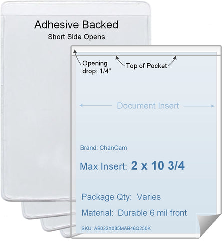 ChanCam vinyl sleeve, open short side, adhesive back, insert size: 2 x 10 3/4, product size: 2 1/4 x 11, package quantity 100, 4 mil adhesive back / 6 mil clear vinyl front