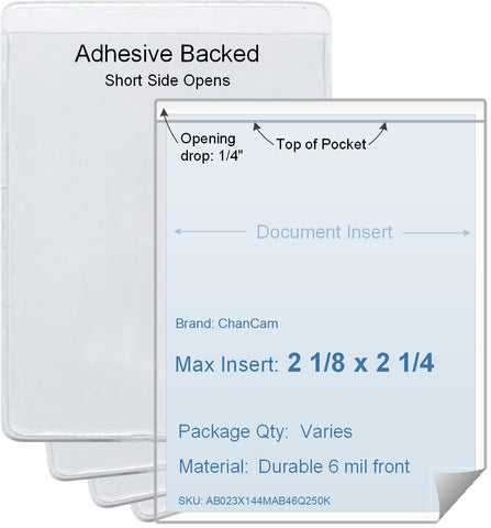 ChanCam vinyl sleeve, open short side, adhesive back, insert size: 2 1/8 x 2 1/4, product size: 2 3/8 x 2 1/2, package quantity 100, 4 mil adhesive back / 6 mil clear vinyl front