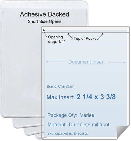 ChanCam vinyl sleeve, open short side, adhesive back, insert size: 2 1/4 x 3 3/8, product size: 2 1/2 x 3 5/8, package quantity 100, 4 mil adhesive back / 6 mil clear vinyl front