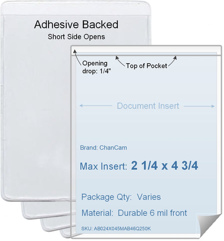 ChanCam vinyl sleeve, open short side, adhesive back, insert size: 2 1/4 x 4 3/4, product size: 2 1/2 x 5, package quantity 100, 4 mil adhesive back / 6 mil clear vinyl front