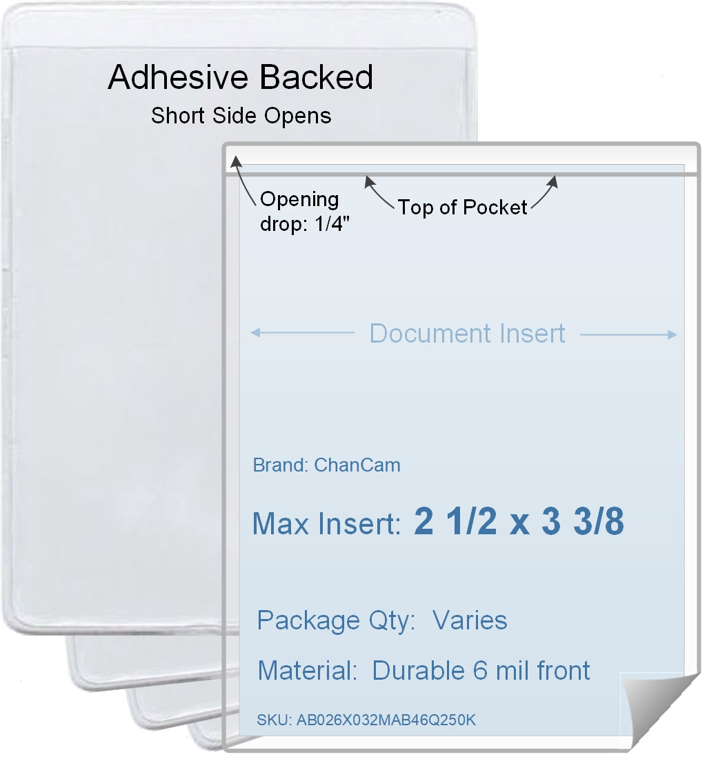 ChanCam vinyl sleeve, open short side, adhesive back, insert size: 2 1/2 x 3 3/8, product size: 2 3/4 x 3 5/8, package quantity 100, 4 mil adhesive back / 6 mil clear vinyl front