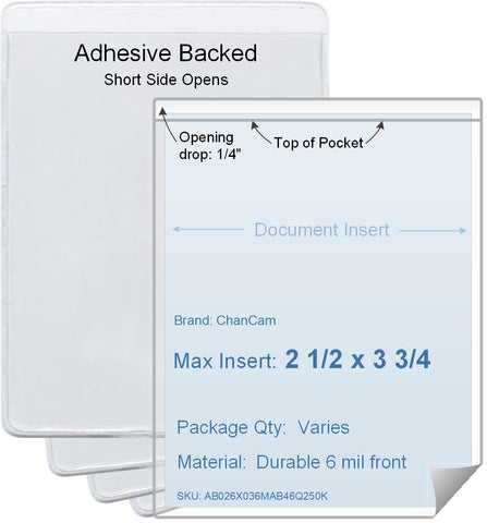 ChanCam vinyl sleeve, open short side, adhesive back, insert size: 2 1/2 x 3 3/4, product size: 2 3/4 x 4, package quantity 100, 4 mil adhesive back / 6 mil clear vinyl front