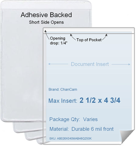 ChanCam vinyl sleeve, open short side, adhesive back, insert size: 2 1/2 x 4 3/4, product size: 2 3/4 x 5, package quantity 100, 4 mil adhesive back / 6 mil clear vinyl front