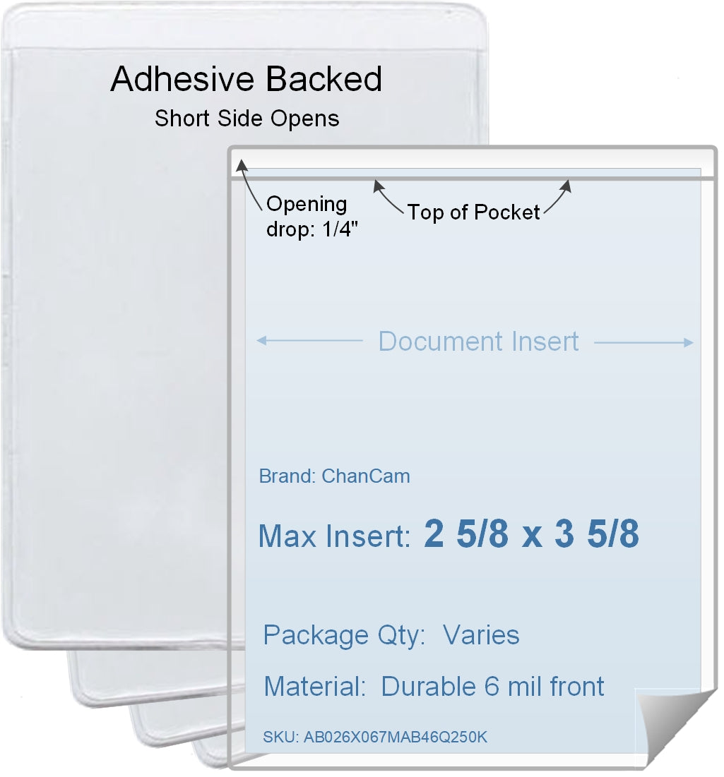 ChanCam vinyl sleeve, open short side, adhesive back, insert size: 2 5/8 x 3 5/8, product size: 2 7/8 x 3 7/8, package quantity 100, 4 mil adhesive back / 6 mil clear vinyl front