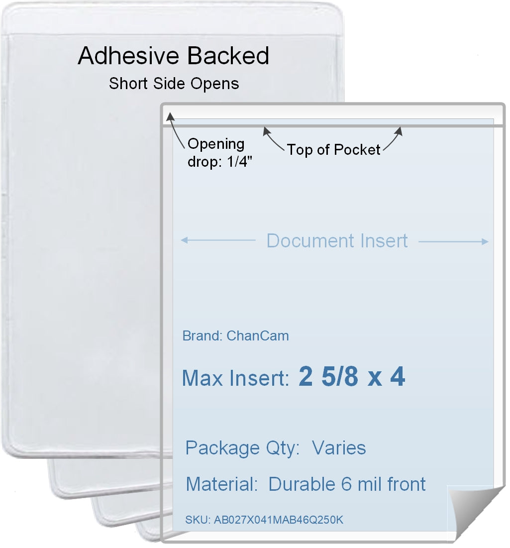 ChanCam vinyl sleeve, open short side, adhesive back, insert size: 2 5/8 x 4, product size: 2 7/8 x 4 1/4, package quantity 100, 4 mil adhesive back / 6 mil clear vinyl front