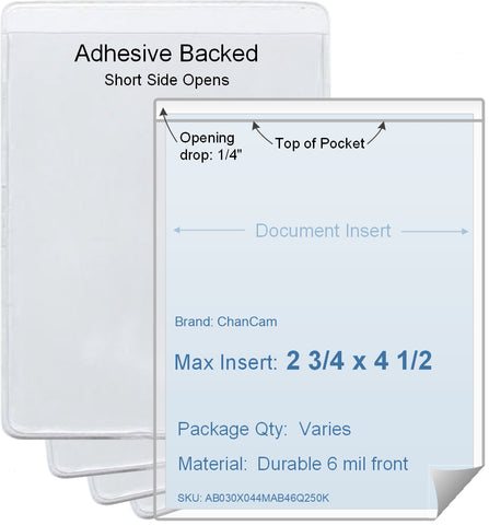 ChanCam vinyl sleeve, open short side, adhesive back, insert size: 2 3/4 x 4 1/2, product size: 3 x 4 3/4, package quantity 100, 4 mil adhesive back / 6 mil clear vinyl front