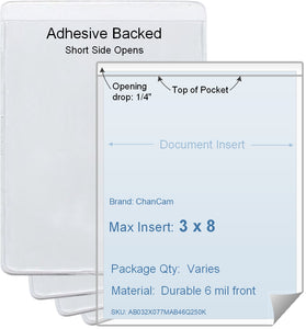 ChanCam vinyl sleeve, open short side, adhesive back, insert size: 3 x 8, product size: 3 1/4 x 8 1/4, package quantity 100, 4 mil adhesive back / 6 mil clear vinyl front