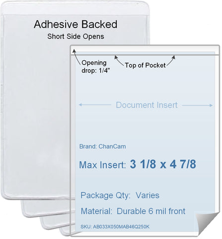 ChanCam vinyl sleeve, open short side, adhesive back, insert size: 3 1/8 x 4 7/8, product size: 3 3/8 x 5 1/8, package quantity 100, 4 mil adhesive back / 6 mil clear vinyl front