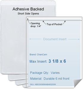 ChanCam vinyl sleeve, open short side, adhesive back, insert size: 3 1/8 x 6, product size: 3 3/8 x 6 1/4, package quantity 100, 4 mil adhesive back / 6 mil clear vinyl front