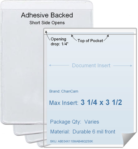 ChanCam vinyl sleeve, open short side, adhesive back, insert size: 3 1/4 x 3 1/2, product size: 3 1/2 x 3 3/4, package quantity 100, 4 mil adhesive back / 6 mil clear vinyl front