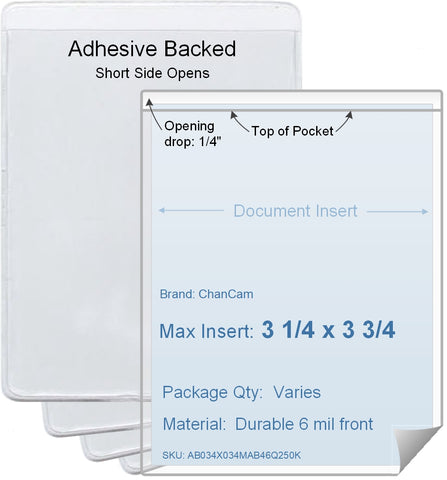 ChanCam vinyl sleeve, open short side, adhesive back, insert size: 3 1/4 x 3 3/4, product size: 3 1/2 x 4, package quantity 100, 4 mil adhesive back / 6 mil clear vinyl front