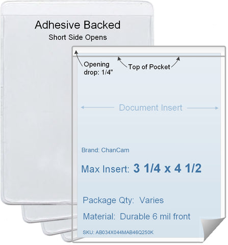 ChanCam vinyl sleeve, open short side, adhesive back, insert size: 3 1/4 x 4 1/2, product size: 3 1/2 x 4 3/4, package quantity 100, 4 mil adhesive back / 6 mil clear vinyl front