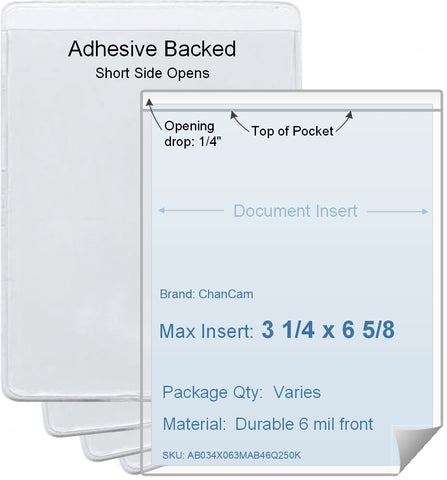 ChanCam vinyl sleeve, open short side, adhesive back, insert size: 3 1/4 x 6 5/8, product size: 3 1/2 x 6 7/8, package quantity 100, 4 mil adhesive back / 6 mil clear vinyl front