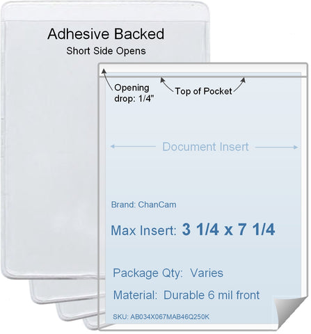 ChanCam vinyl sleeve, open short side, adhesive back, insert size: 3 1/4 x 7 1/4, product size: 3 1/2 x 7 1/2, package quantity 100, 4 mil adhesive back / 6 mil clear vinyl front