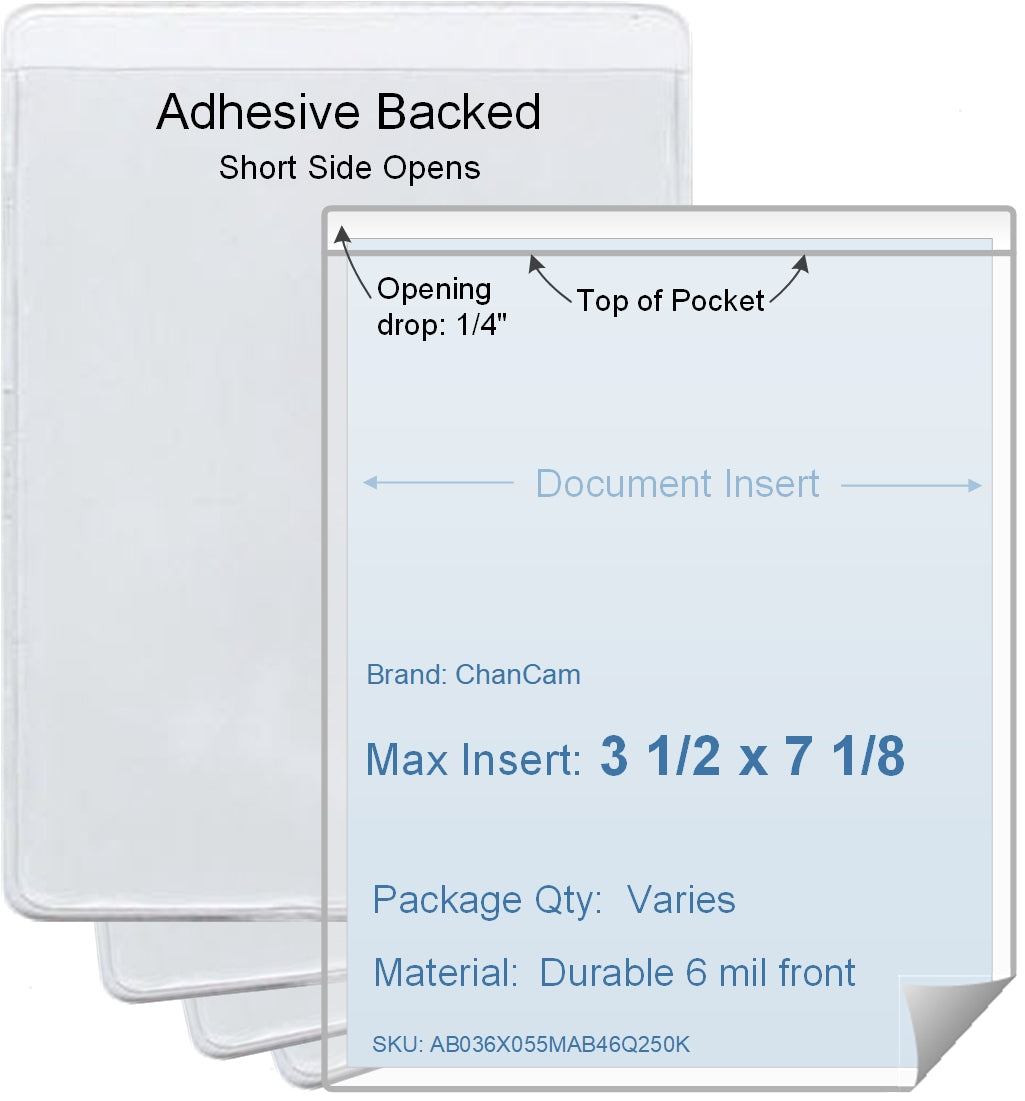 ChanCam vinyl sleeve, open short side, adhesive back, insert size: 3 1/2 x 7 1/8, product size: 3 3/4 x 7 3/8, package quantity 100, 4 mil adhesive back / 6 mil clear vinyl front