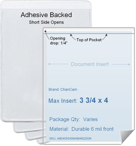 ChanCam vinyl sleeve, open short side, adhesive back, insert size: 3 3/4 x 4, product size: 4 x 4 1/4, package quantity 100, 4 mil adhesive back / 6 mil clear vinyl front