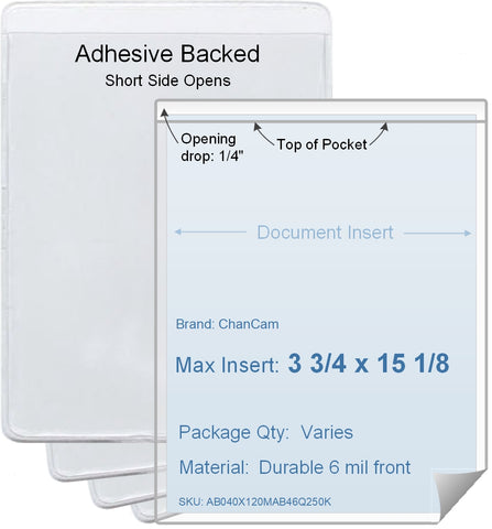 ChanCam vinyl sleeve, open short side, adhesive back, insert size: 3 3/4 x 15 1/8, product size: 4 x 15 3/8, package quantity 100, 4 mil adhesive back / 6 mil clear vinyl front