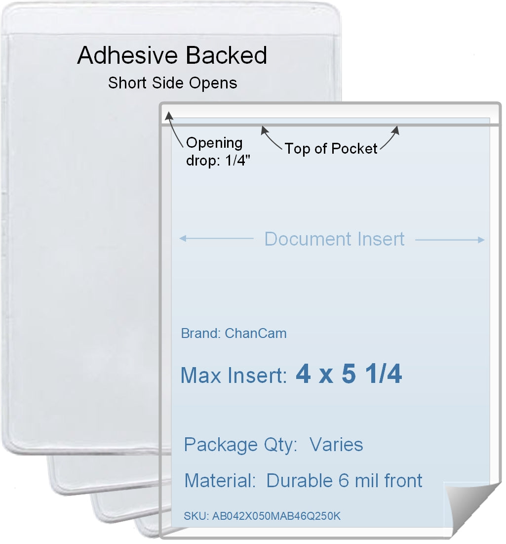 ChanCam vinyl sleeve, open short side, adhesive back, insert size: 4 x 5 1/4, product size: 4 1/4 x 5 1/2, package quantity 100, 4 mil adhesive back / 6 mil clear vinyl front