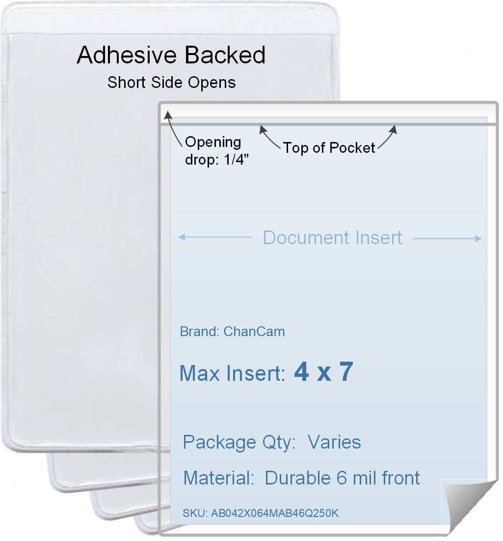 ChanCam vinyl sleeve, open short side, adhesive back, insert size: 4 x 7, product size: 4 1/4 x 7 1/4, package quantity 100, 4 mil adhesive back / 6 mil clear vinyl front