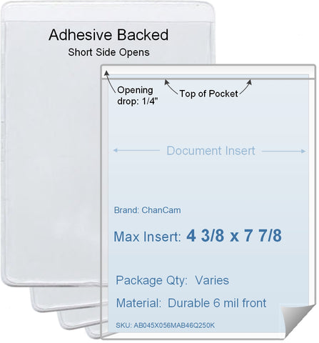 ChanCam vinyl sleeve, open short side, adhesive back, insert size: 4 3/8 x 7 7/8, product size: 4 5/8 x 8 1/8, package quantity 100, 4 mil adhesive back / 6 mil clear vinyl front