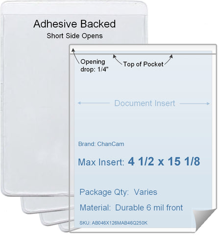 ChanCam vinyl sleeve, open short side, adhesive back, insert size: 4 1/2 x 15 1/8, product size: 4 3/4 x 15 3/8, package quantity 100, 4 mil adhesive back / 6 mil clear vinyl front