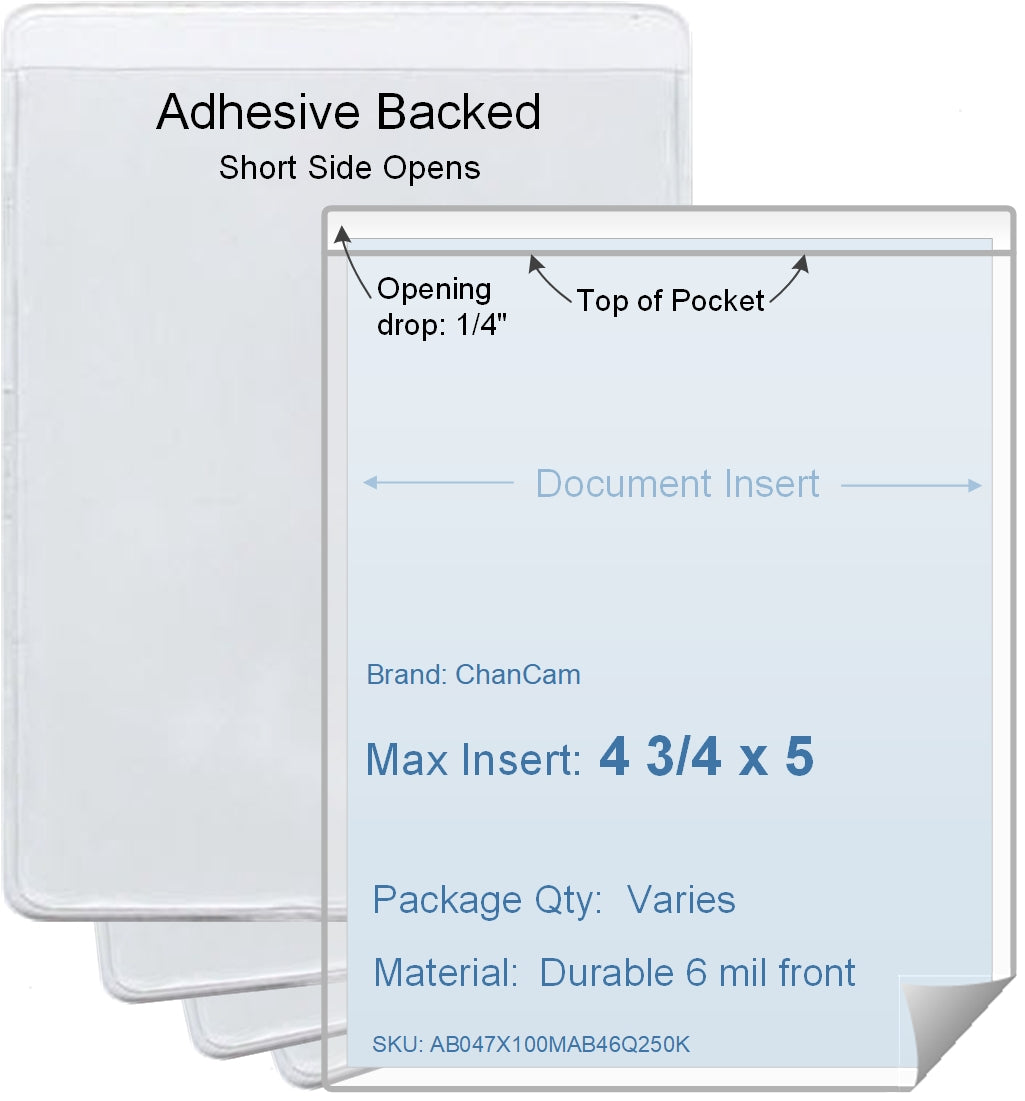 ChanCam vinyl sleeve, open short side, adhesive back, insert size: 4 3/4 x 5, product size: 5 x 5 1/4, package quantity 100, 4 mil adhesive back / 6 mil clear vinyl front