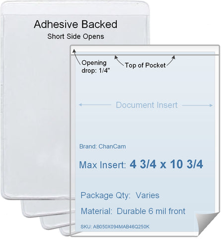 ChanCam vinyl sleeve, open short side, adhesive back, insert size: 4 3/4 x 10 3/4, product size: 5 x 11, package quantity 100, 4 mil adhesive back / 6 mil clear vinyl front