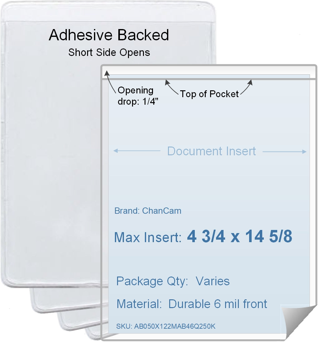 ChanCam vinyl sleeve, open short side, adhesive back, insert size: 4 3/4 x 14 5/8, product size: 5 x 14 7/8, package quantity 100, 4 mil adhesive back / 6 mil clear vinyl front