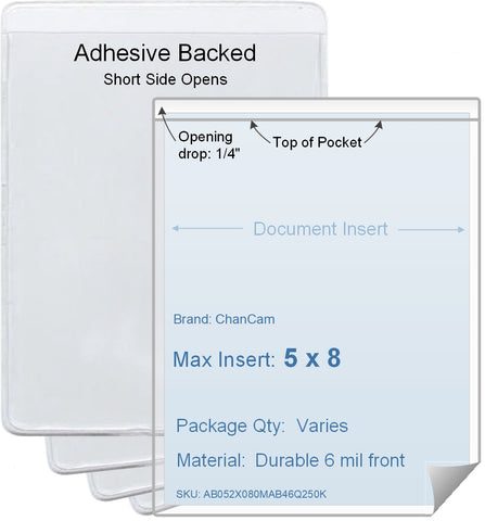 ChanCam vinyl sleeve, open short side, adhesive back, insert size: 5 x 8, product size: 5 1/4 x 8 1/4, package quantity 100, 4 mil adhesive back / 6 mil clear vinyl front