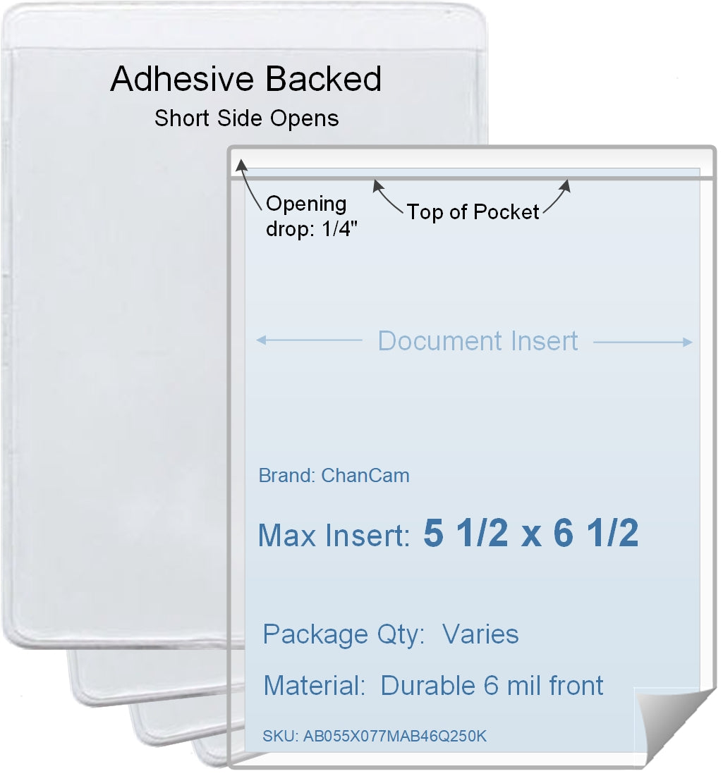 ChanCam vinyl sleeve, open short side, adhesive back, insert size: 5 1/2 x 6 1/2, product size: 5 3/4 x 6 3/4, package quantity 100, 4 mil adhesive back / 6 mil clear vinyl front