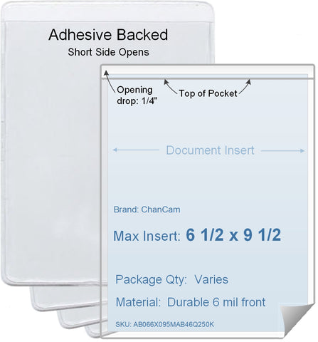 ChanCam vinyl sleeve, open short side, adhesive back, insert size: 6 1/2 x 9 1/2, product size: 6 3/4 x 9 3/4, package quantity 100, 4 mil adhesive back / 6 mil clear vinyl front