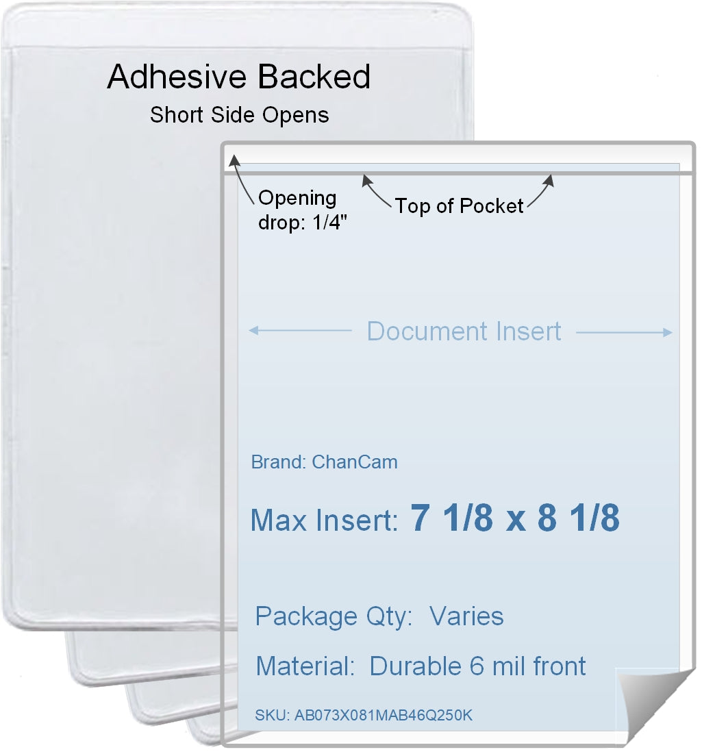 ChanCam vinyl sleeve, open short side, adhesive back, insert size: 7 1/8 x 8 1/8, product size: 7 3/8 x 8 3/8, package quantity 100, 4 mil adhesive back / 6 mil clear vinyl front